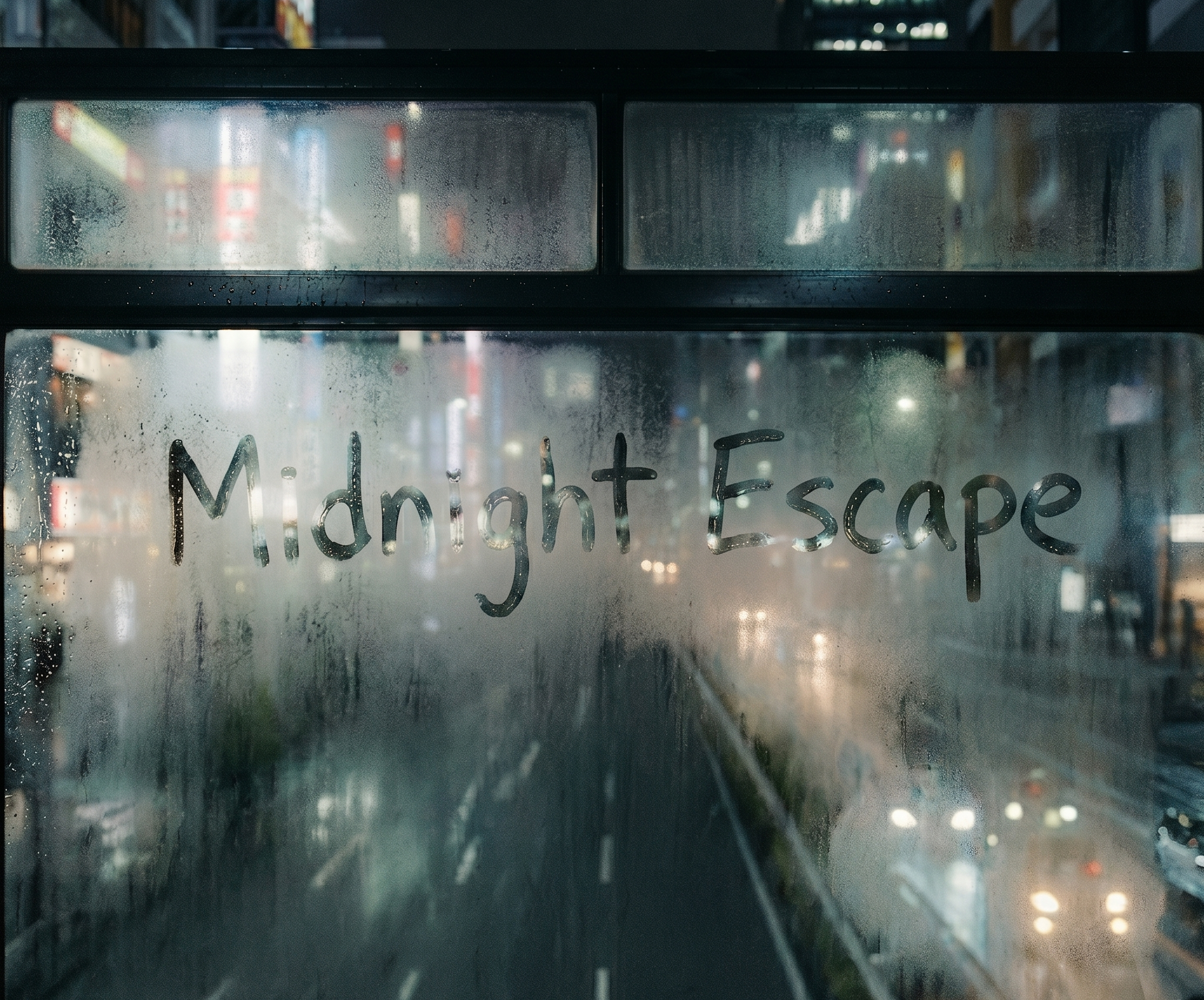 雨の夜、バスの窓ガラスに書かれた Midnight Escape の文字